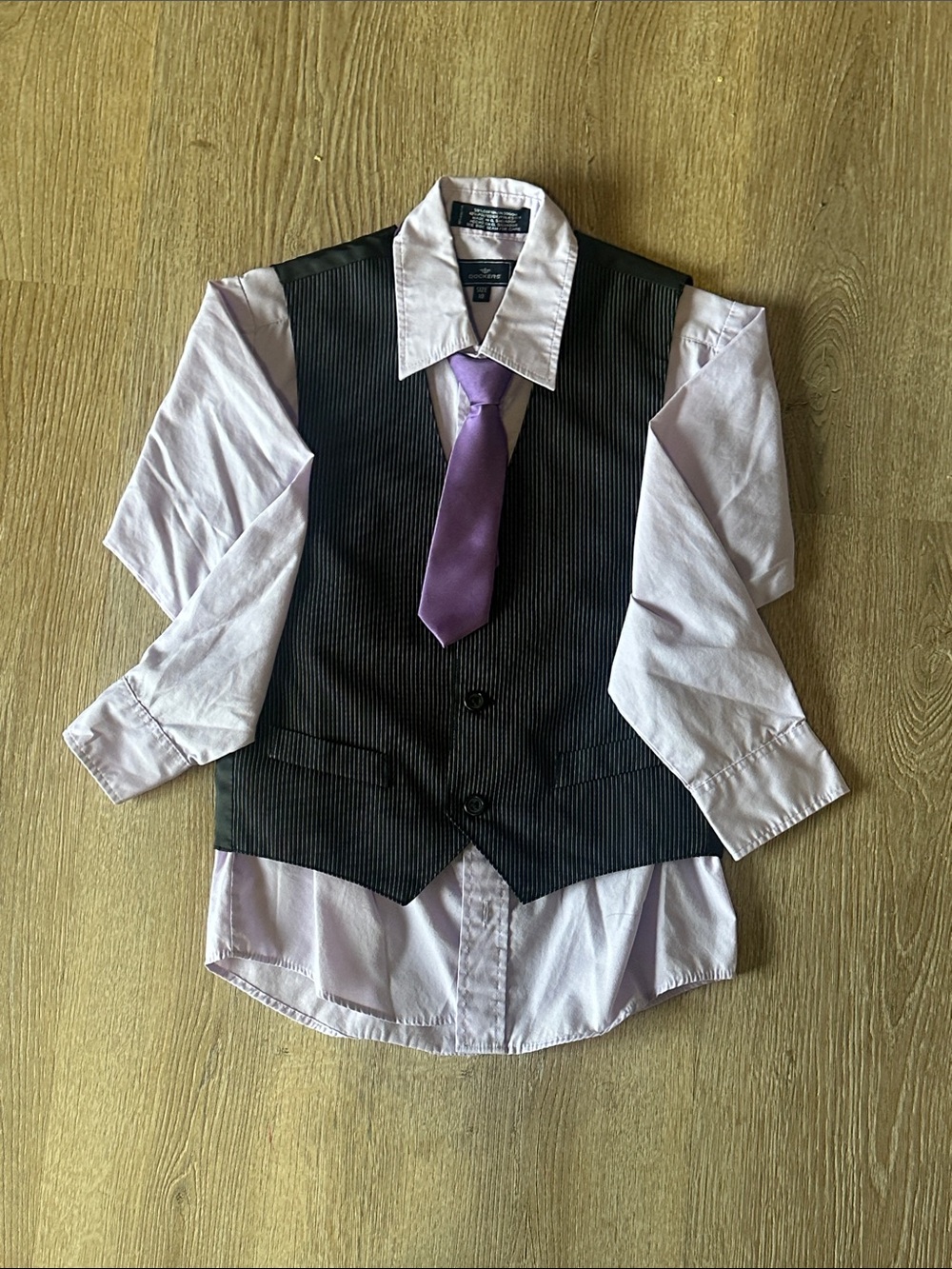Dockers Boys Lavender Dress Shirt with Black Pinstripe Vest and Purple Tie